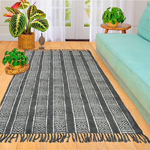 Mandala Life ART Alfombra marroquí de algodón Negro con Flecos, 120 x 180 cm, Estampado a Mano,...
