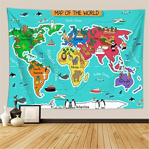 Mapa Del Mundo De Los Animales Tapiz Colgante De Pared Niños Grandes Puntos De Referencia...