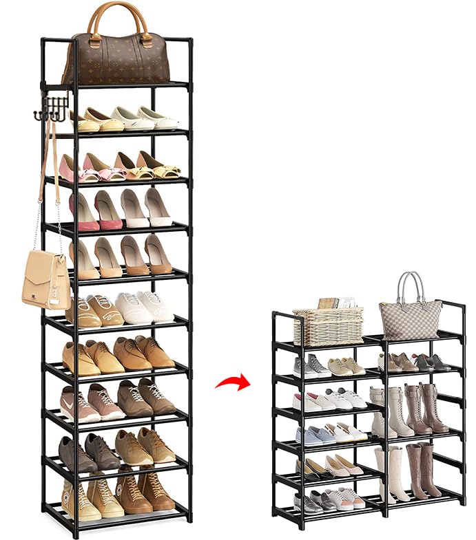 MHKBD Zapatero, Estantería de Zapatos 10 Niveles de Acero Inoxidable con 5 Ganchos, Estante de...